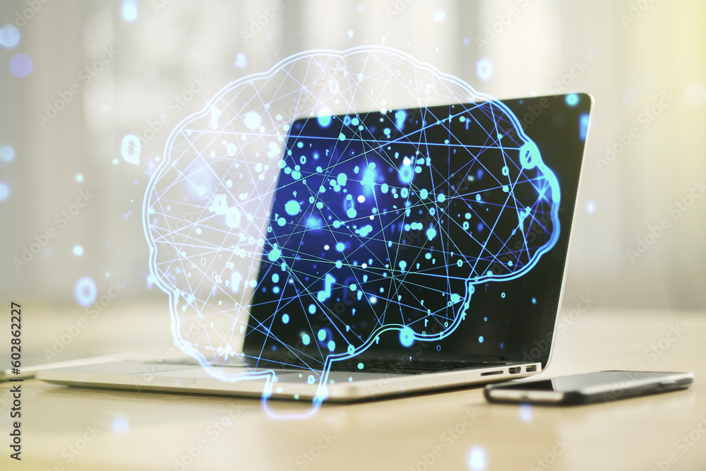 Aufkleber double exposure of creative artificial intelligence symbol with modern laptop on background. neural 