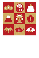 年賀状テンプレート／市松模様×縁起物アイコン　辰年版