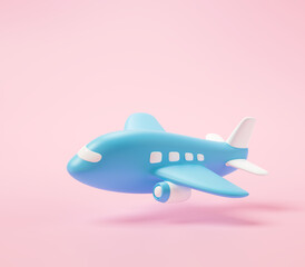 Fototapeta na wymiar Cartoon Airplane flying in clouds, airplane travel and vacation aircraft. Flight plane, airplane trip and airline transportation. 3d render illustration