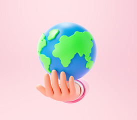 3d Hand holding global World Earth Day Concept. global warming, environmental care. 3d render illustration