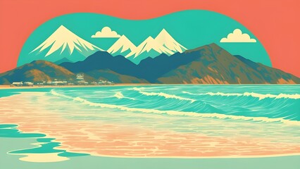 Fototapeta na wymiar Vintage illustration of clear blue sea and waves. The backdrop is a tourist village and green and snowy mountains against a blue sky and white clouds on a pink frame. Generative AI