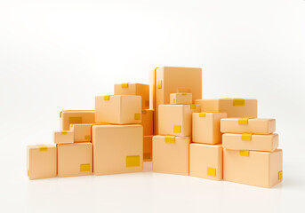 3d various cardboard boxes storage on white background, distribution, cargo delivery concept. 3d render illustration
