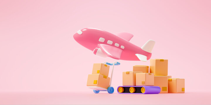 3D Global logistic service, Plane and paper boxes storage, distribution, cargo delivery concept. 3d render illustration