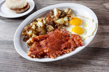 A view of a plate of corned beef hash.