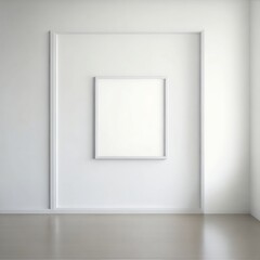 A minimalist empty frame with a thin silver border hangs on a bright white wall above a beige carpeted floor.