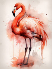 Watercolor flamingo illustration. Hand drawn watercolor flamingo. AI generated