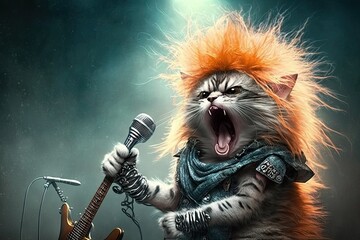 cute kitty singing glam metal on stage. Glorious Generative AI. - obrazy, fototapety, plakaty