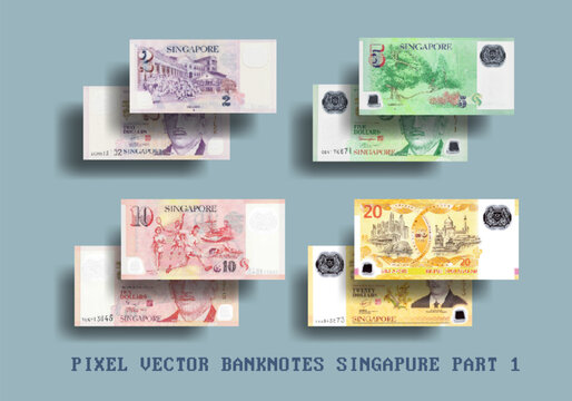 Set of vector pixel mosaic Singapore banknotes. The denominations of the bills are 2, 5, 10 and 20 dollars. Part one.