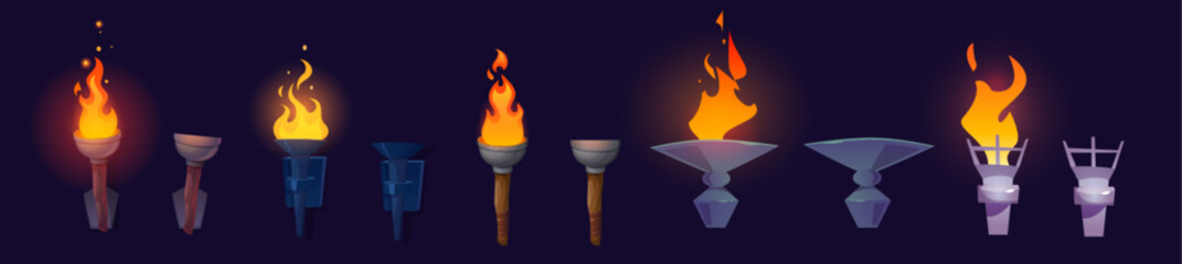 Cartoon set of burning and extinct torches isolated on background. Vector illustration of wooden, iron flares with and without fire. Interior design elements for medieval castle dungeon illumination