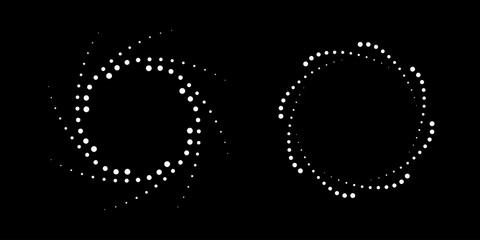 White halftone circular dotted frames set. Circle dots isolated on the white background. Logo design element for medical, treatment, cosmetic. Round border using halftone circle dots texture. Vector