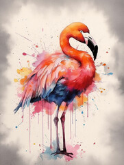 Flamingo with watercolor splashes. Hand drawn illustration. AI generated