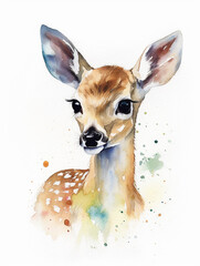 Watercolor portrait of a fawn isolated on white background. Hand drawn illustration. AI generated