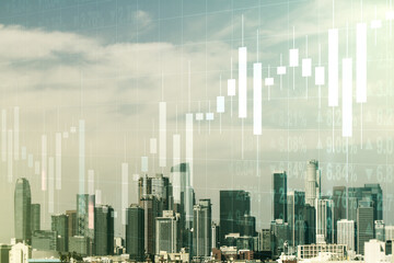 Abstract virtual financial graph hologram on Los Angeles skyline background, forex and investment concept. Multiexposure