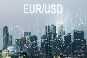 EURO USD financial graph illustration on Los Angeles cityscape background, forex and currency concept. Multiexposure