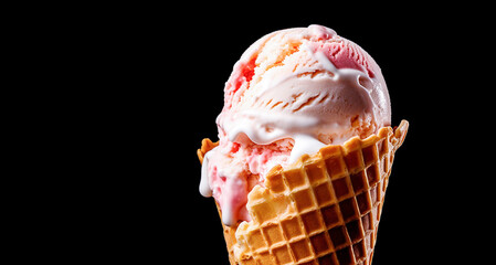 AI generative. Strawberry ice cream in a waffle cone