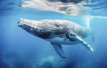 AI generative. Whale Plays  in Blue Water