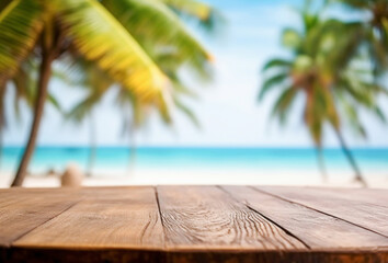 AI generative. Empty wooden table  with blur beautiful tropical beach on background