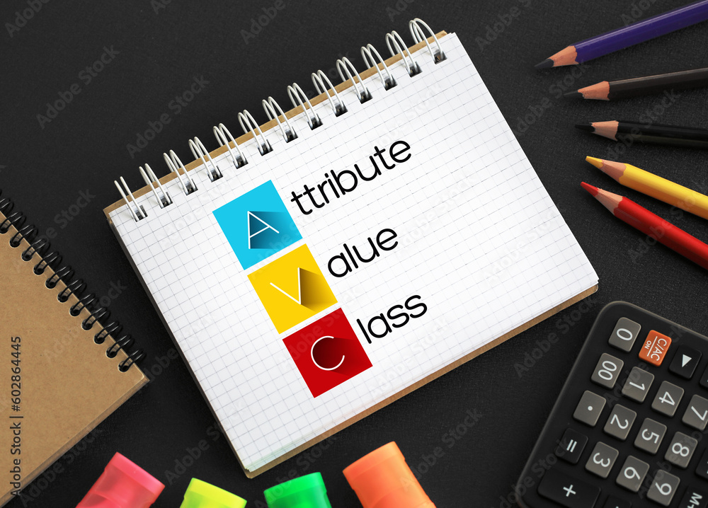 Aufkleber avc - attribute value class acronym on notepad, technology concept background