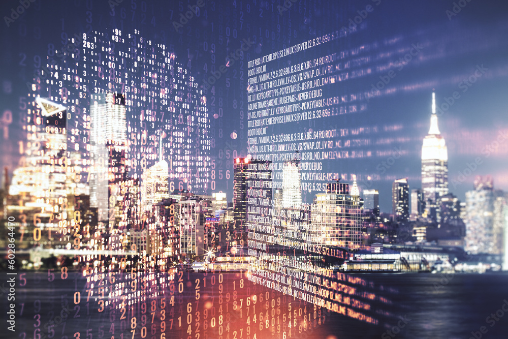 Poster abstract virtual code skull hologram on new york cityscape background, cybercrime and hacking concep
