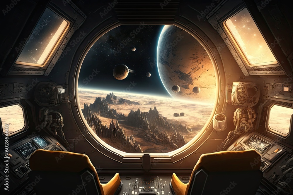 Aufkleber spaceship dark interior with view on distant planets solar system. generative ai aig15.
