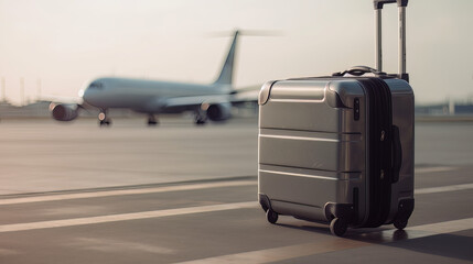 A suitcase on a runway with the blurred airplane in the background. Business travel concept. Travel...