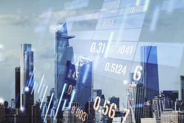 Multi exposure of virtual abstract financial graph interface on Manhattan cityscape background, financial and trading concept