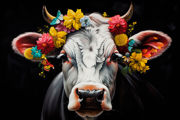 A cow with a flower crown on its head. Generative AI