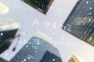 Scientific formula hologram on blurry cityscape background, research concept. Multiexposure