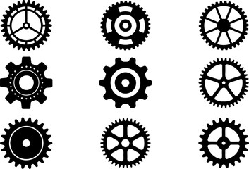 Collection and set of realistic gear and bicycle stars. A profiled wheel with teeth that engages with a chain. Cog set icons on white background. - obrazy, fototapety, plakaty
