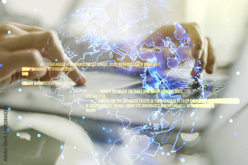 Poster double exposure of abstract creative programming illustration with world map and hand typing on lapt