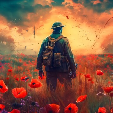 The colorful art style of a soldier in a red poppies field. Anzac day - Lest we forget
