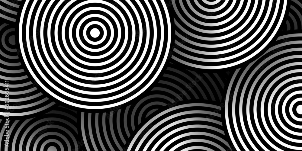 Poster black and white round circles overlap background. abstract geometric shape backdrop. modern dark abs