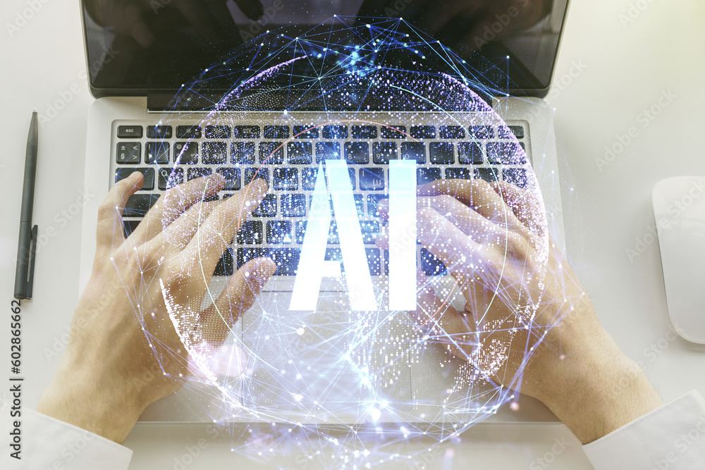 Poster creative artificial intelligence symbol concept with hands typing on computer keyboard on background