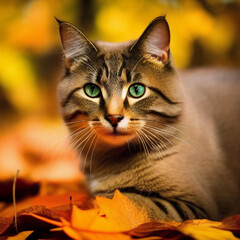 A portrait photo of a cat in autumn