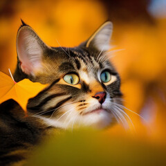 A portrait photo of a cat in autumn