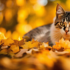 A portrait photo of a cat in autumn