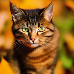 A portrait photo of a cat in autumn