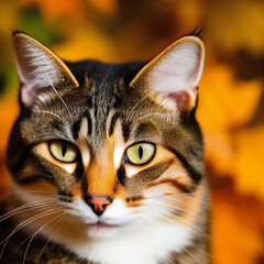 A portrait photo of a cat in autumn