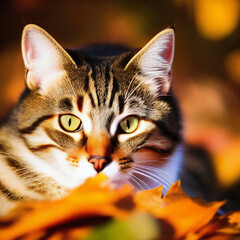 A portrait photo of a cat in autumn