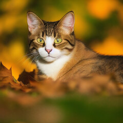 A portrait photo of a cat in autumn