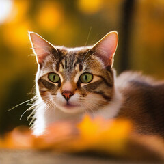 A portrait photo of a cat in autumn