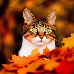 A portrait photo of a cat in autumn