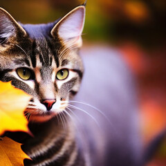 A portrait photo of a cat in autumn
