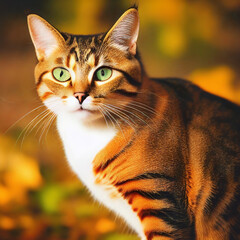 A portrait photo of a cat in autumn