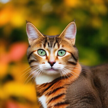 A portrait photo of a cat in autumn
