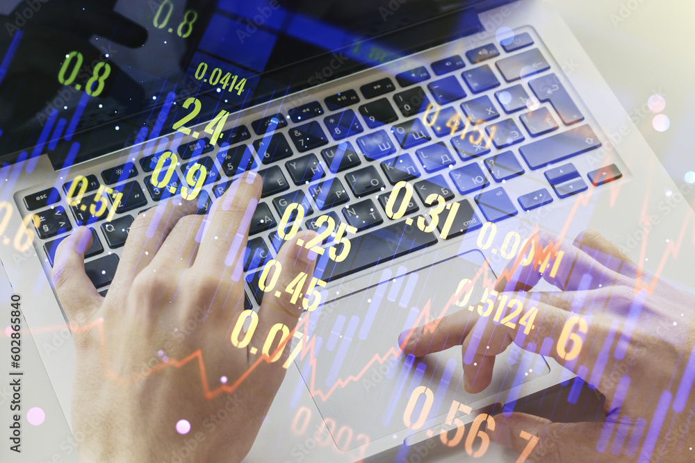 Poster multi exposure of abstract creative financial chart with hand typing on computer keyboard on backgro