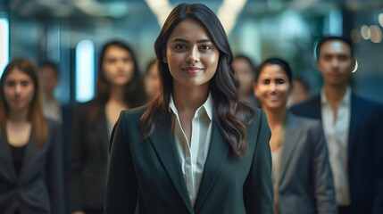 Obraz premium Portrait of young businesswoman with colleagues in the background in office