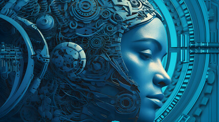 Empowering Tomorrow's Strategies: Futuristic Stock Image of a Cyborg Head with Geometric Thought Patterns"