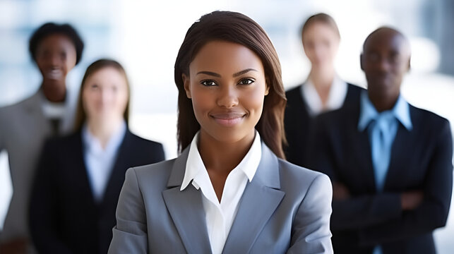 Portrait of confident African American businesswoman with colleagues in background