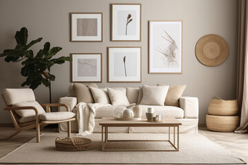  Generative AI. Boho and cozy interior of living room with design beige sofa, pillows, mock up poster frames, coffee tables, plants, decoration and personal accessories. Home decor. Template.